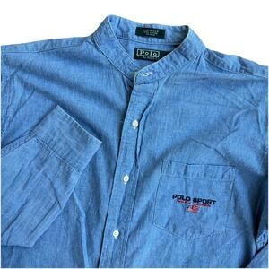 Vtg Polo Ralph Lauren Shirt XL (Fits Medium) Blue Chambray Band Collar 90s USA